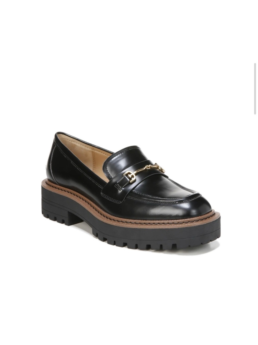 Sam Edelman Black Leather Lug Sole Loafers with Gold Chain